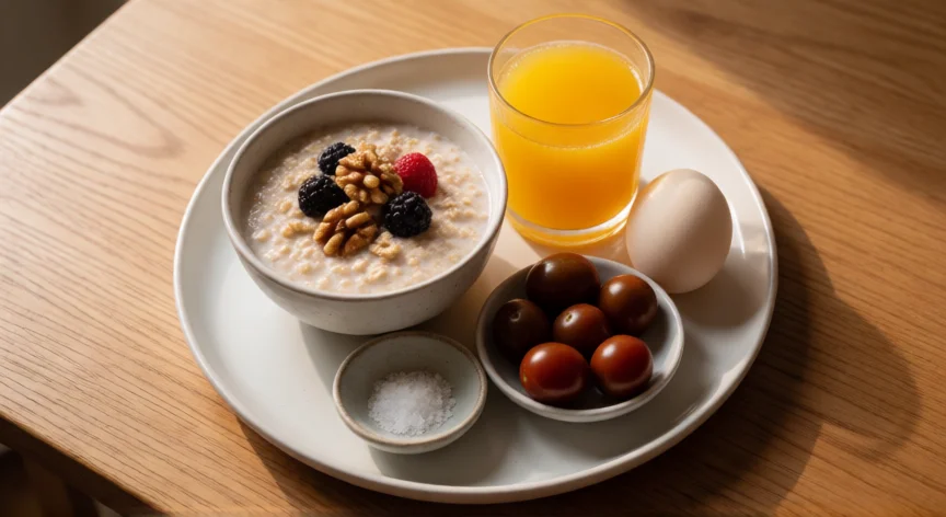 consejos para subir la tensión, Desayuno equilibrado con frutos secos, huevo y sal marina sobre mesa de madera con luz natural