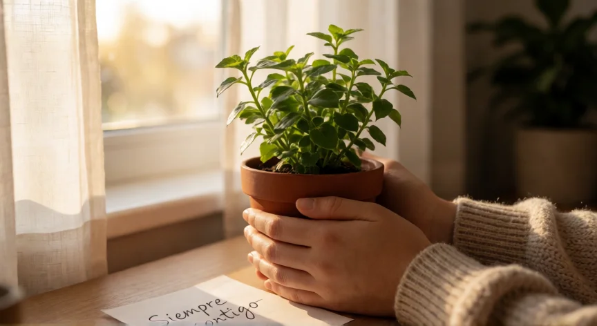 consejos para superar la muerte de un ser querido, Manos sosteniendo una pequeña planta en una ventana iluminada, símbolo de vida y memoria