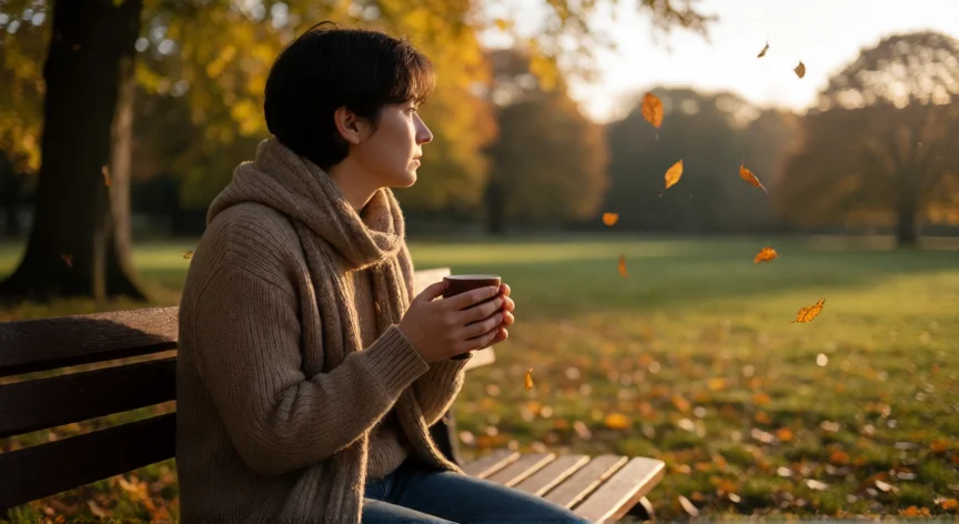 Persona reflexiva en un banco de parque al atardecer tomando té