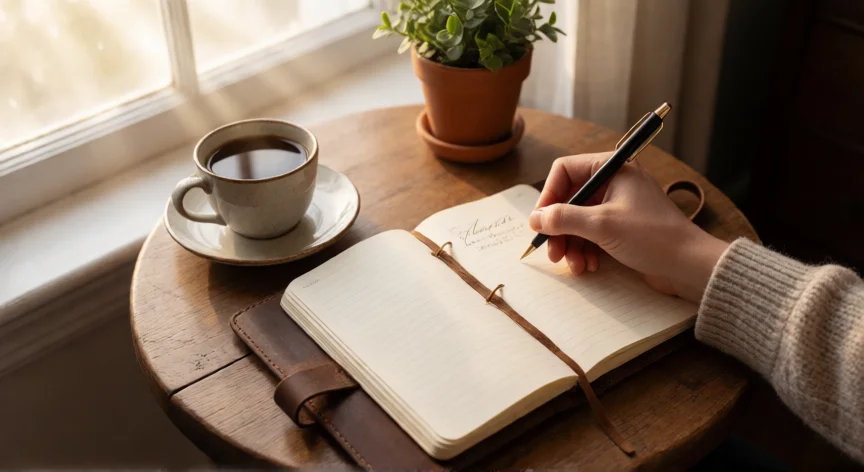 consejos para superar una ruptura, Manos escribiendo en un diario junto a una ventana con luz matinal