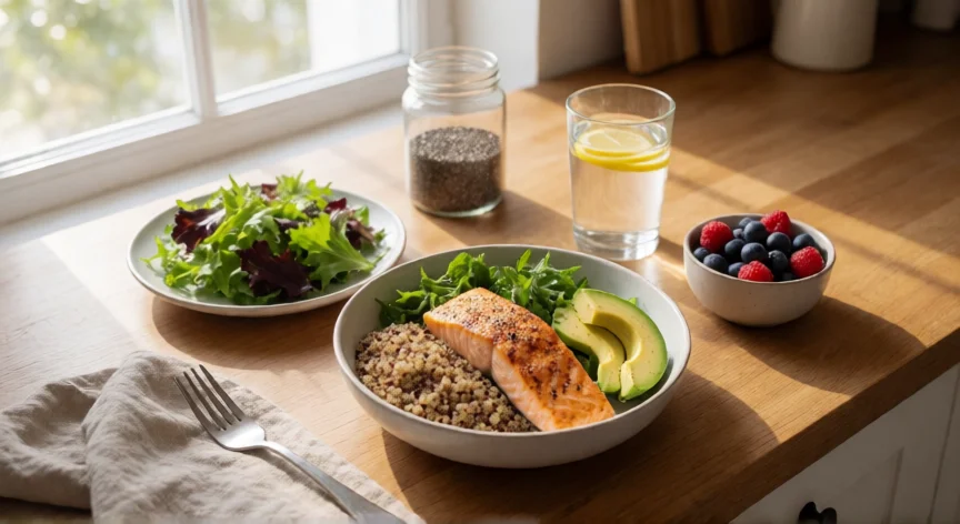 consejos para tener un vientre plano, Mesa con comida saludable: salmón, quinoa, aguacate, ensalada y agua con limón