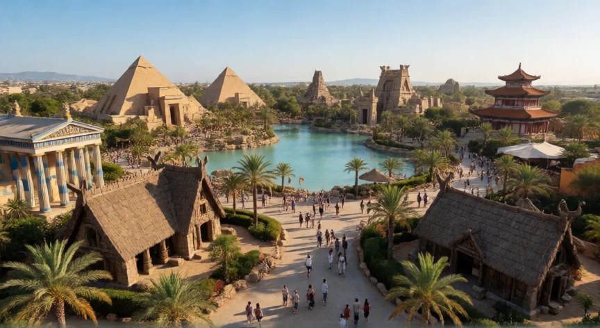 consejos para terra mitica, Vista aérea del parque Terra Mítica en Benidorm con sus zonas temáticas