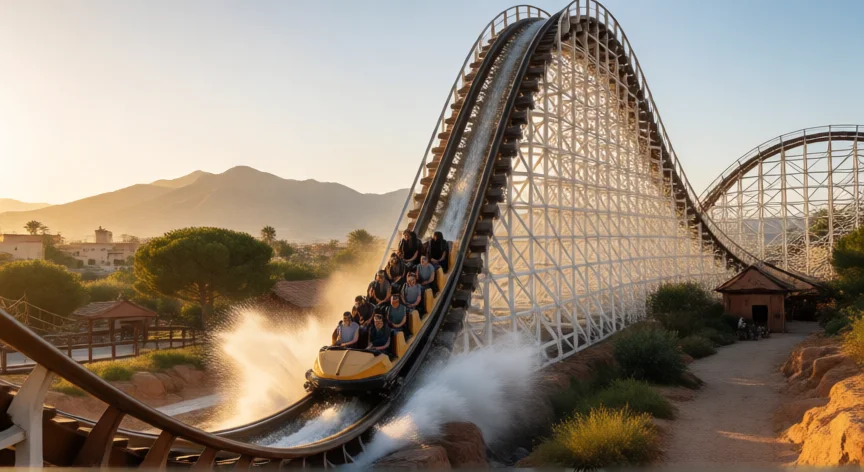 consejos para terra mitica, Montaña rusa de agua The Spirit en Terra Mítica con su caída de 80 metros