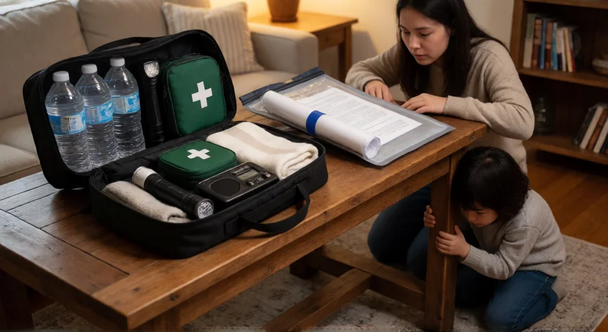 consejos para terremotos, Simulacro de terremoto en casa con mochila de emergencia preparada