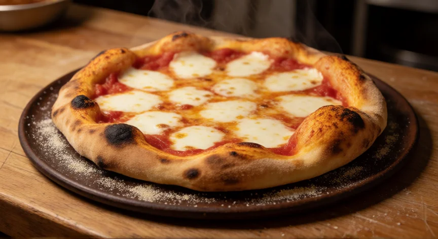 consejos para tirar al plato, Pizza artesanal horneada en plato de cerámica sobre encimera de madera
