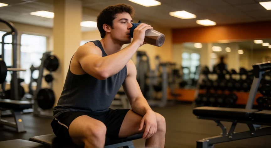 consejos para tomar creatina, Deportista tomando un batido con creatina en el gimnasio tras el entrenamiento