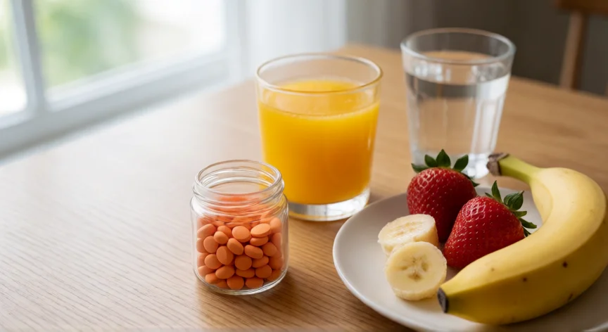 Jarra de zumo de naranja, plátano y fresas junto a frasco de suplementos de hierro en la mesa del desayuno