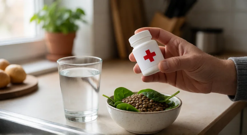 consejos para tomar hierro, Manos sosteniendo frasco de suplementos de hierro junto a agua y cuenco de espinacas y lentejas en la cocina