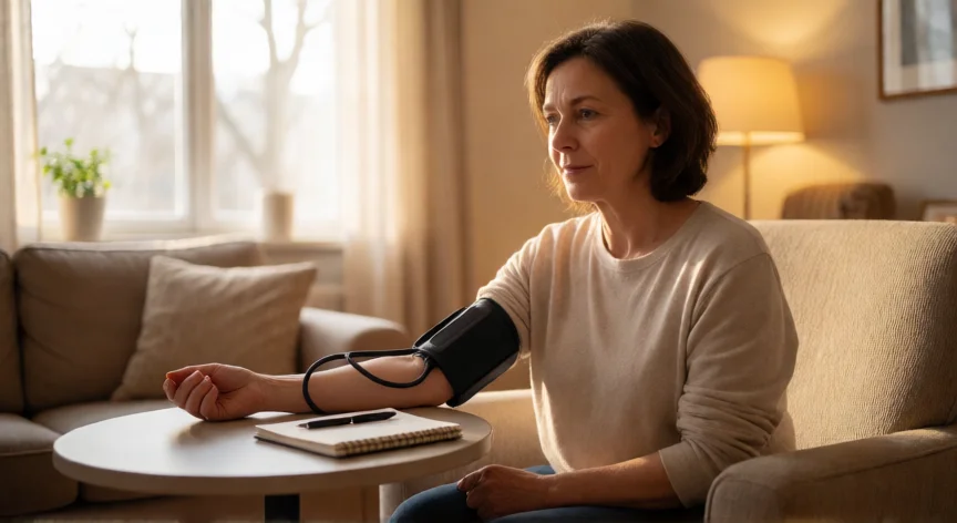 consejos para tomar la tension, Mujer tomando la tensión arterial en casa con un tensiómetro digital