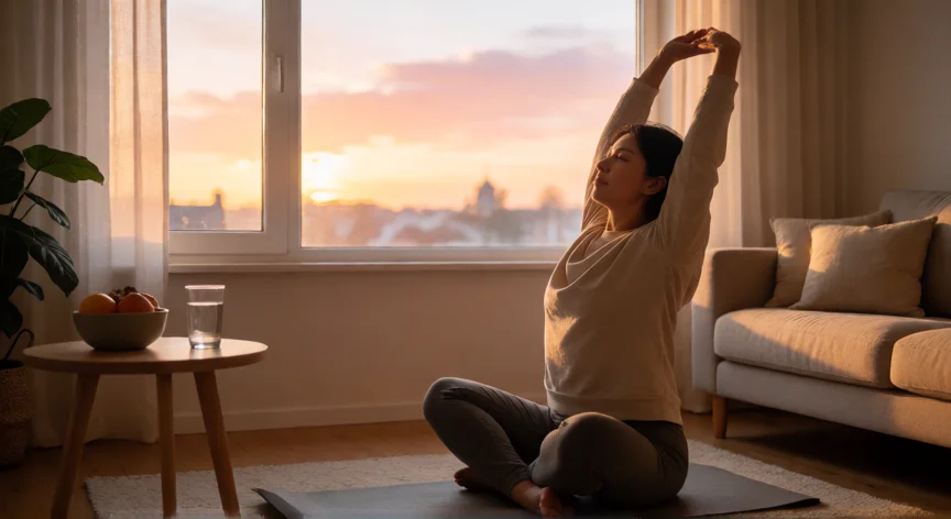 consejos para trabajar de noche, Persona estirando y haciendo yoga antes de ir a dormir tras el turno nocturno