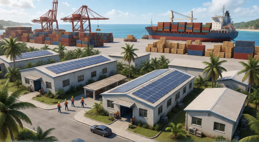 consejos para tropico 6, Zona industrial y puerto de exportación en una isla caribeña con energía solar