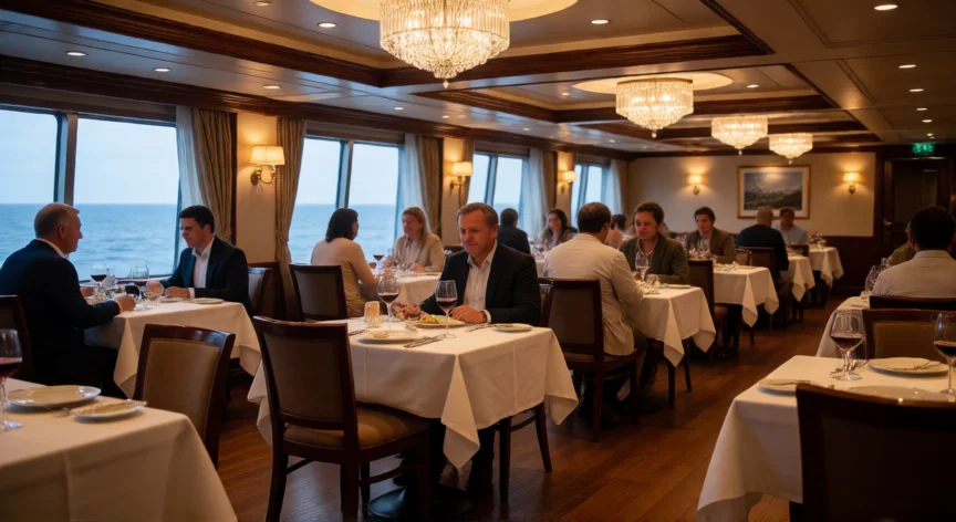 consejos para un crucero, Sala de restaurante elegante a bordo de un crucero con cena en curso