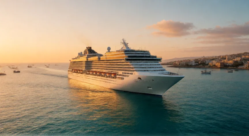 Crucero navegando por el Mediterráneo al atardecer con costa mediterránea de fondo