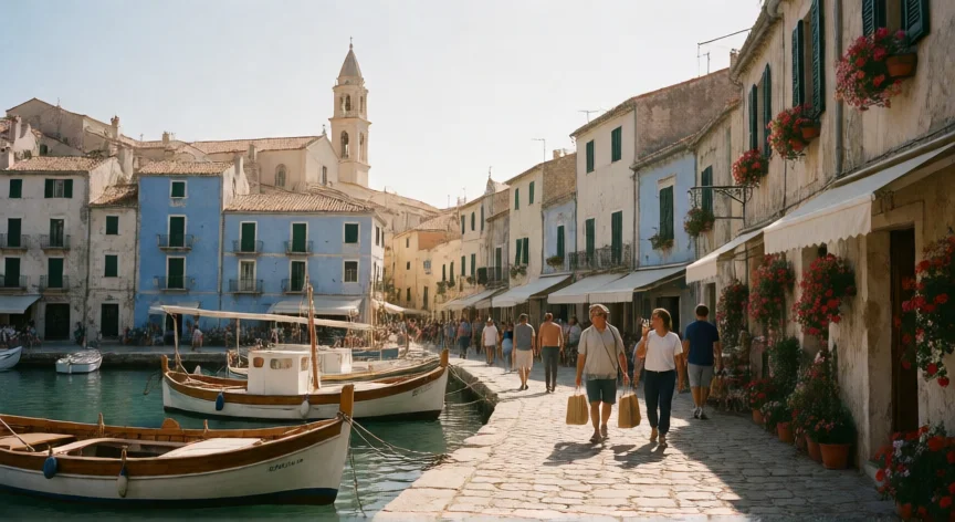 consejos para un crucero por el mediterraneo, Puerto mediterráneo antiguo con calles empedradas y barcas de pesca