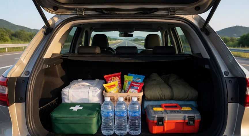 Maletero organizado para un viaje largo en coche con botellas de agua, snacks y kit de emergencia