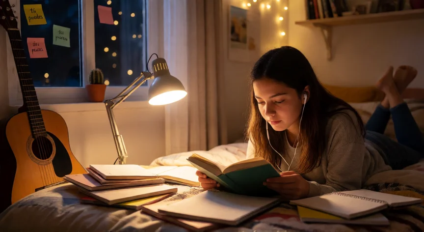 consejos para una 15 añera, Habitación de una adolescente por la noche con libros, guitarra y notas motivadoras en la ventana