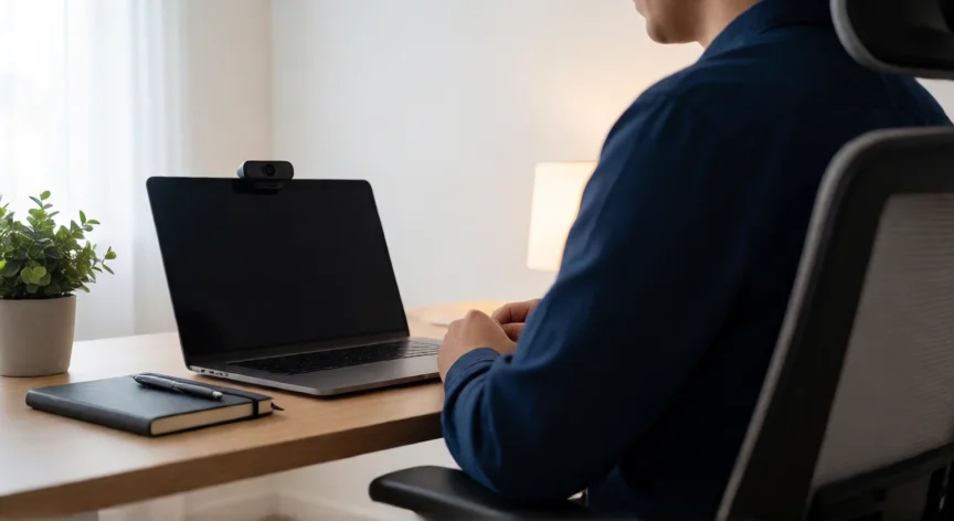 consejos para una entrevista de trabajo online, Mesa de trabajo preparada para una entrevista de trabajo por videollamada con buena iluminación y fondo limpio