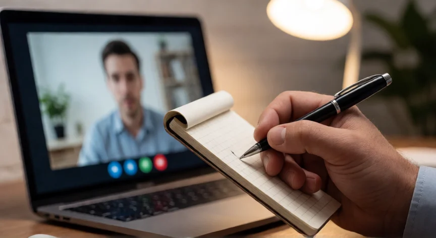 consejos para una entrevista de trabajo online, Tomando notas durante una entrevista por videollamada con laptop y bloc de notas sobre escritorio