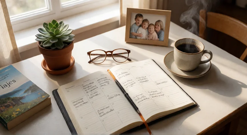 consejos para una jubilación feliz, Mesa con planificador semanal, café y libros, representando la organización del tiempo en la jubilación.
