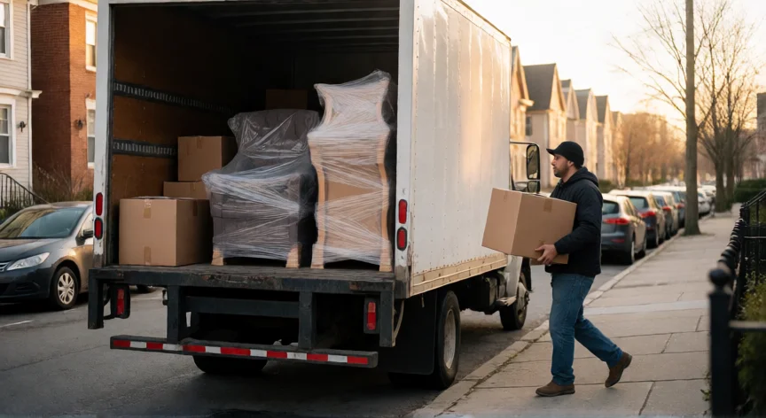consejos para una mudanza, Camión de mudanza cargado con muebles y cajas en una calle residencial