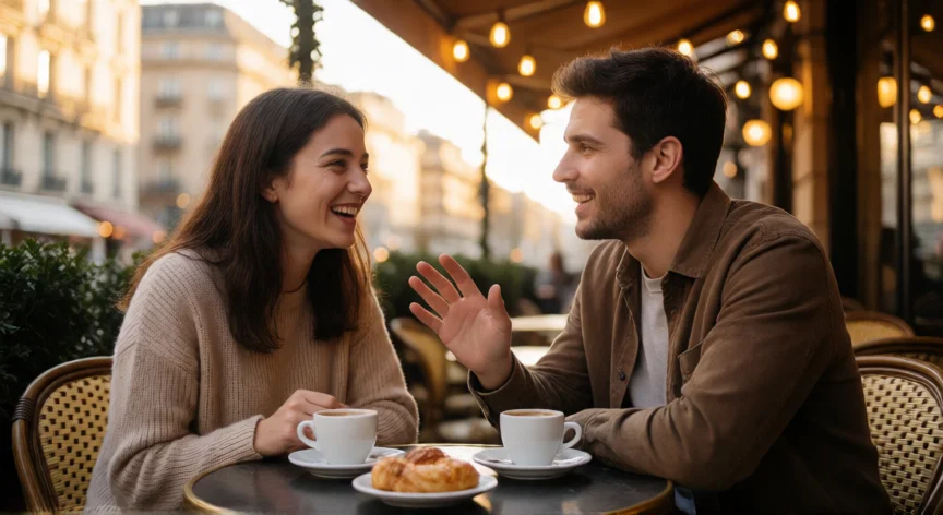 consejos para una primera cita, Pareja riendo en una terraza de cafetería durante una primera cita al atardecer
