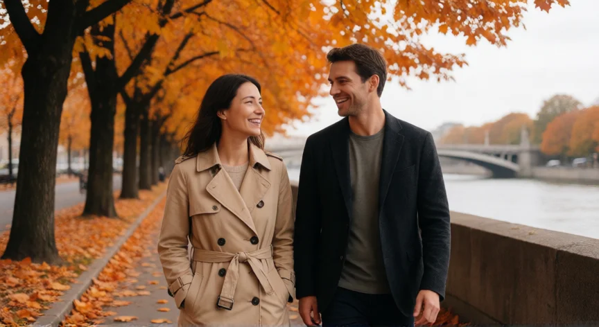 consejos para una primera cita, Pareja paseando y charlando por una ribera arbolada en otoño tras una primera cita