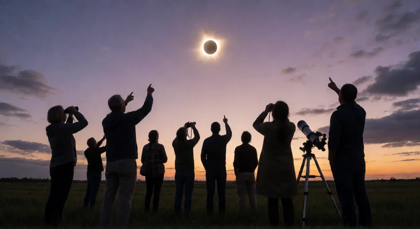 consejos para ver el eclipse, Grupo de personas observando la totalidad de un eclipse solar desde un campo abierto al atardecer