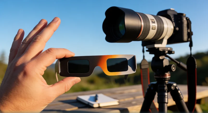 consejos para ver el eclipse, Gafas solares certificadas para eclipse sujetadas en mano con cámara sobre trípode al fondo