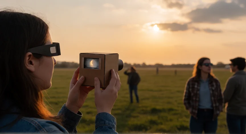 consejos para ver el eclipse solar, Persona con gafas de eclipse observando el sol parcial en un campo abierto