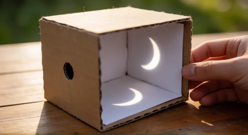 consejos para ver el eclipse solar, Dispositivo de proyección por orificio mostrando la imagen del Sol en forma de cuarenta