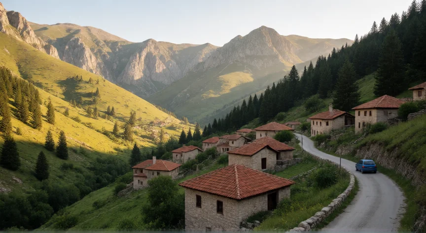 Pueblo de montaña albanés con casas de piedra al atardecer entre valles verdes
