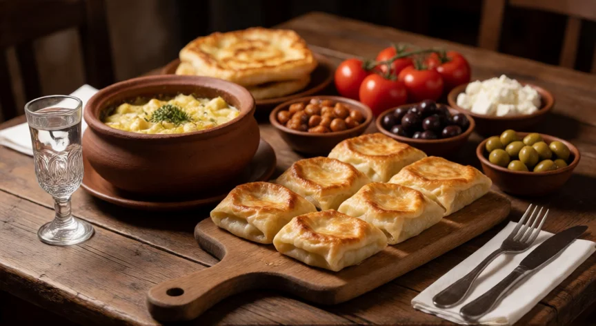 consejos para viajar a albania, Mesa con platos tradicionales albaneses: tavë kosi, byrek, aceitunas y raki
