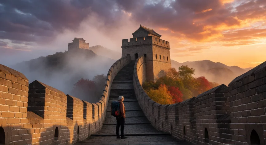 consejos para viajar a china, Viajante junto a la Gran Muralla de China al atardecer con niebla entre las torres de vigilancia