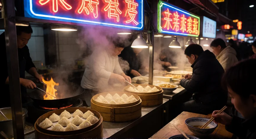consejos para viajar a china, Mercado callejero nocturno en Shanghái con dim sum al vapor y luces de neón chinas