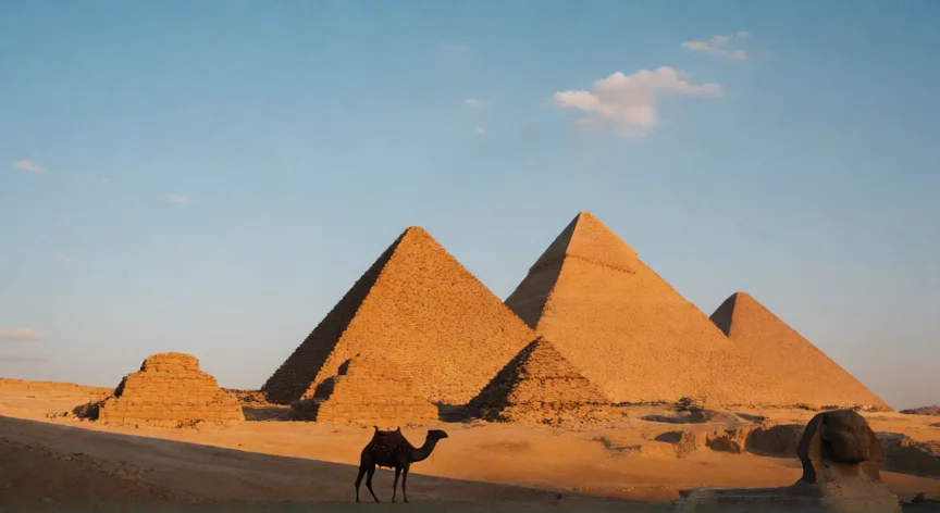 consejos para viajar a egipto, Pirámides de Guiza al atardecer con camello en primer plano y el Esfinge a la derecha
