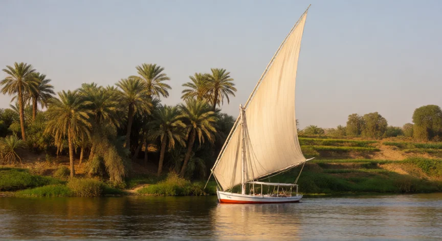 consejos para viajar a egipto, Felucca de vela navegando por el río Nilo en Luxor con palmeras a orillas del río