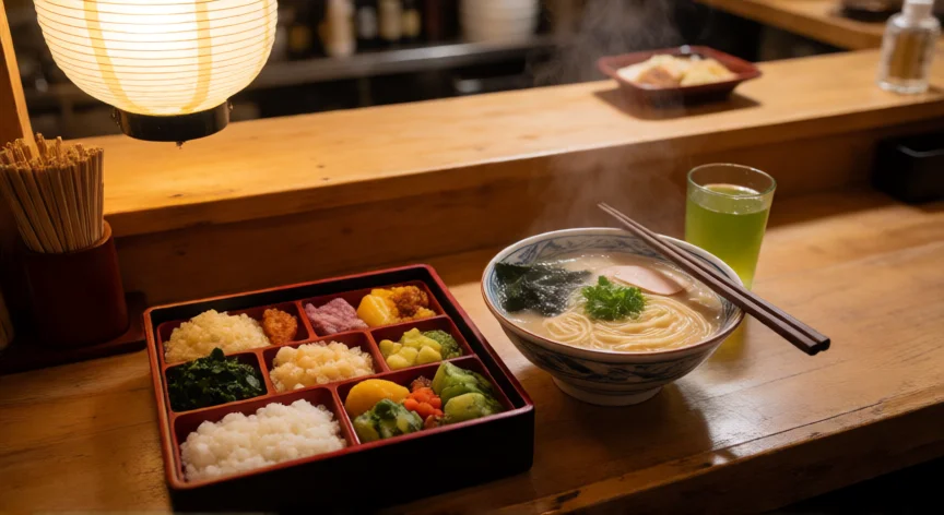 consejos para viajar a japon, Ramen y bento japonés en un pequeño restaurante izakaya con luz cálida