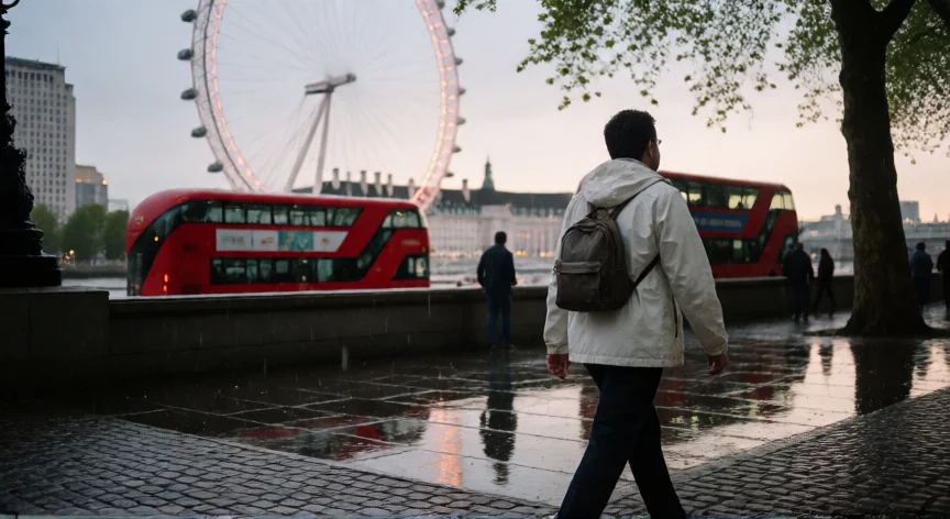 Turista caminando por la South Bank del Támesis en Londres con el London Eye al fondo