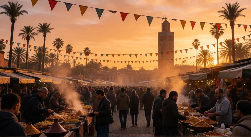 consejos para viajar a marrakech, Plaza Jemaa el-Fna de Marrakech al atardecer con puestos de comida y la mezquita Koutubia al fondo