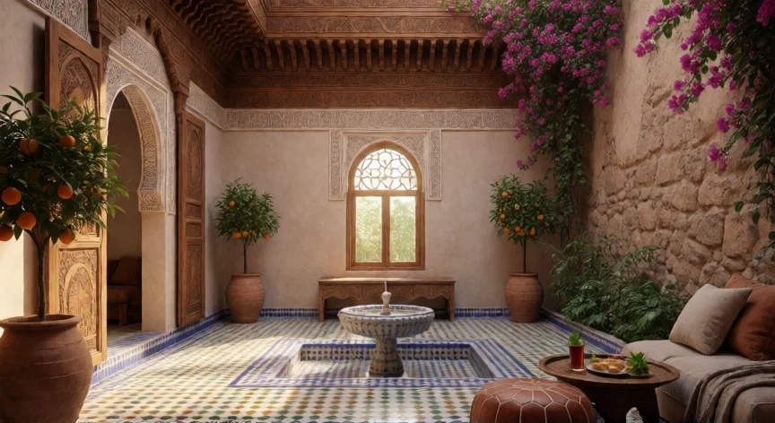 consejos para viajar a marrakech, Patio interior de un riad tradicional en Marrakech con fuente de zellige y detalles de madera tallada
