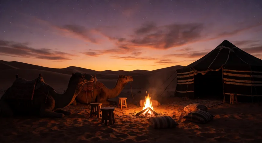 consejos para viajar a marruecos, Campamento beduino en las dunas del Erg Chebbi al atardecer con dromedarios y fogata