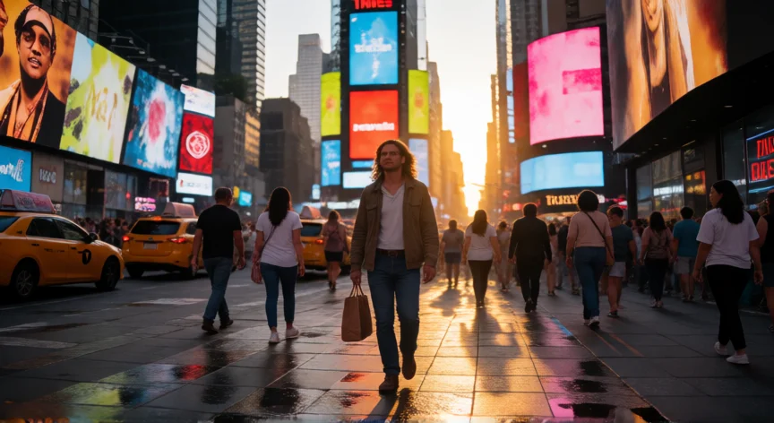 consejos para viajar a nueva york por primera vez, Tourista caminando por Times Square al atardecer con taxis amarillos y letreros de neón