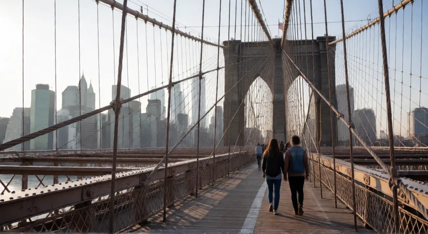 consejos para viajar a nueva york por primera vez, Vista del skyline de Manhattan desde el puente de Brooklyn en la mañana