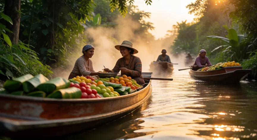 consejos para viajar a tailandia, Mercado flotante tailandés al atardecer con barcas llenas de frutas y comida local