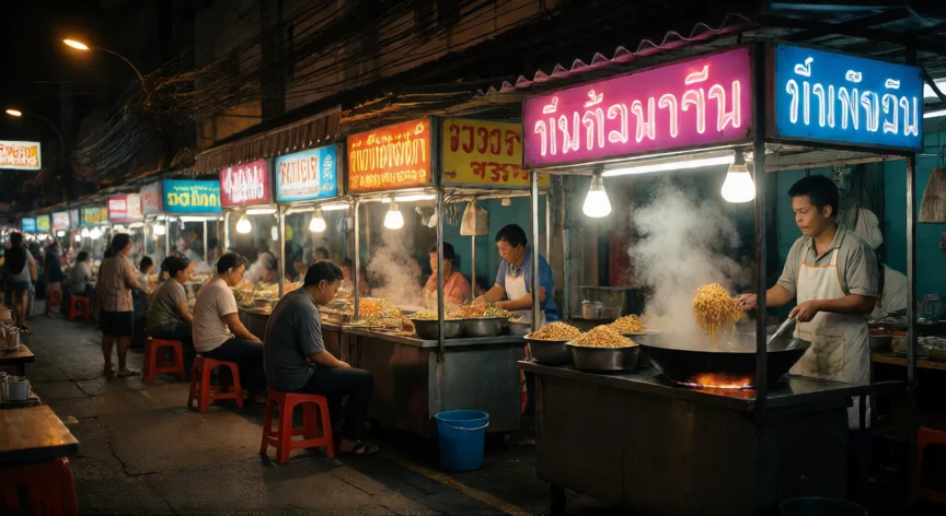 consejos para viajar a tailandia, Puesto de comida callejera en Bangkok por la noche con humo y luces de neón