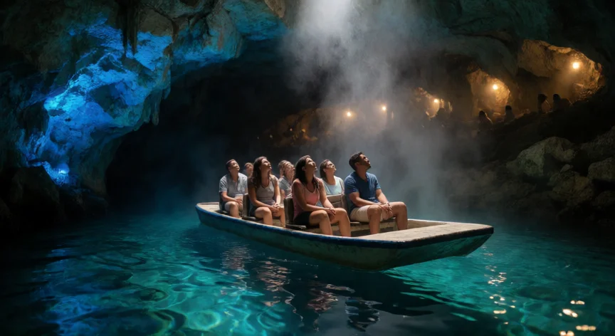 Barco recorriendo los ríos subterráneos de Xcaret con aguas turquesa entre cavernas de piedra caliza