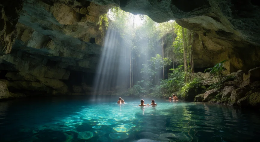 consejos para visitar xcaret, Cenote de nado en Xcaret con aguas turquesa bajo una cúpula natural de roca