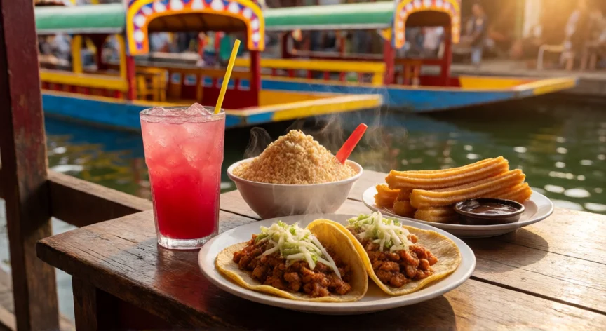 consejos para visitar xochimilco, Tacos al pastor, esquites y agua de jamaica en un muelle de Xochimilco