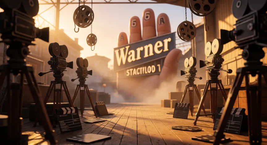 consejos para warner, Plató de estudio cinematográfico clásico con cámaras de cine y cartel de Warner al atardecer