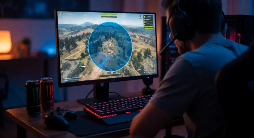 consejos para warzone, Jugador de Warzone con auriculares frente al monitor mostrando el mapa y el círculo